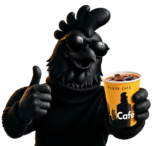 The Black Rooster mascot holding a Flash Café coffee cup